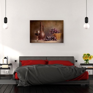 Tablou canvas - Struguri, Natura Moarta, Struguri, Vin, Cos, Sticla, 60 x 90 cm - Img 3