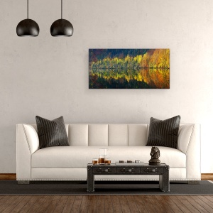 Tablou canvas - Tacerea Toamnei, Reflectie, Frunza, Copaci, Apa, 50 x 100 cm - Img 2