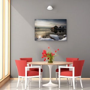 Tablou canvas - Trei cabane, Peisaj, Ceata, Zapada, Iarna, 80 x 120 cm - Img 4