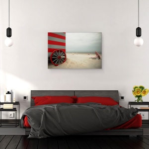 Tablou canvas - Vagon Rosu, Plaja, Rosu, Umbrela, Parasolar, Dungi, 60 x 90 cm - Img 3