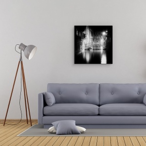 Tablou Canvas - Venetia, Alb-Negru, Canal, Italia, Noapte, Alee, 90 x 90 cm - Img 2