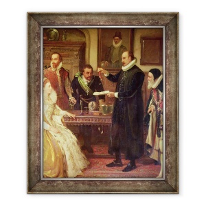 Tablou inramat - Arthur Ackland Hunt - Dr. William Gilbert 1544-1603 Aratand experimentul sau pe energie electrica reginei Elisabeta I si Curtii sale, detaliu al lui Gilberd, 70 x 85 cm