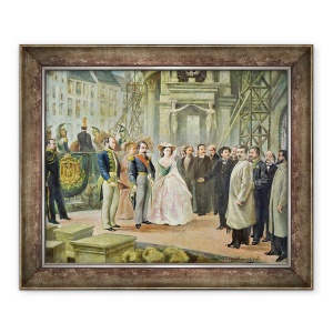 Tablou inramat - Ed. Gilis - Baronul Georges-Eugene Haussmann 1809-91 Napoleon al III-lea 1808-73 si imparateasa Eugenie 1826-1920 in vizita la muncitorii de la Opera, 70 x 85 cm
