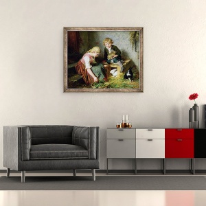 Tablou inramat - Felix Schlesinger - Hranirea iepurilor, 50 x 60 cm - Img 2