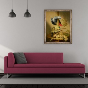 Tablou inramat - Jacob Fransz van der Merck - Un gri african si un papagal amazon cu aripi portocalii pe un biban cu struguri, 70 x 85 cm - Img 2