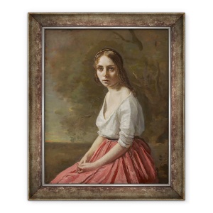 Tablou inramat - Jean Baptiste Camille Corot - Tanara femeie intr-o fusta roz, 50 x 60 cm