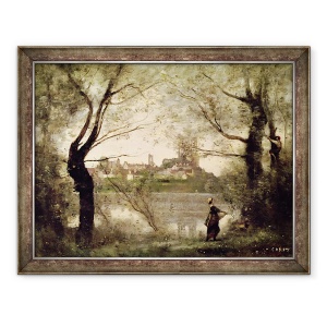 Tablou inramat - Jean Baptiste Camille Corot - Vedere a orasului si a Catedralei Mantes prin copaci, 70 x 90 cm