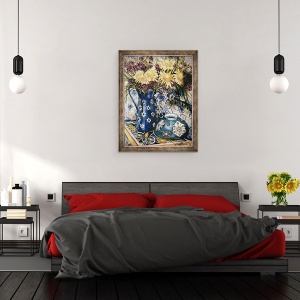 Tablou inramat - Joan Thewsey - Albastru impotriva albastru - Crizanteme si cana albastra emailata pe o tigla italiana, 60 x 80 cm - Img 3