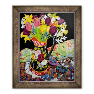 Tablou inramat - Joan Thewsey - Canal Boat Ulcior, Narcisele si lalele, 50 x 60 cm
