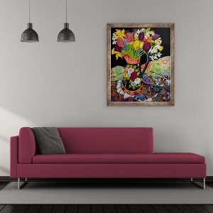 Tablou inramat - Joan Thewsey - Canal Boat Ulcior, Narcisele si lalele, 50 x 60 cm - Img 2
