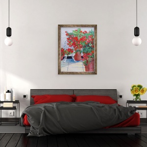 Tablou inramat - Joan Thewsey - Geraniums si petunii pe terasa, 2011, 70 x 90 cm - Img 3