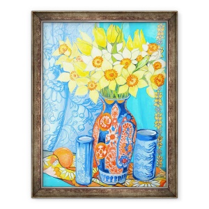 Tablou inramat - Joan Thewsey - Narcisele si lalele intr-o vaza Imani, portocale si textile, 60 x 80 cm