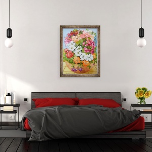 Tablou inramat - Joan Thewsey - Petunii, Geraniums si Fuchsia intr-o oala cu terasa, 2005, 70 x 90 cm - Img 3