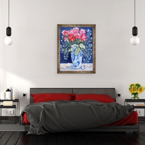 Tablou inramat - Joan Thewsey - Trandafiri, garoafe si Lobelia intr-o vaza albastra si alba, 60 x 80 cm - Img 3