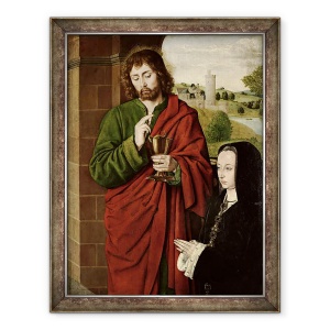 Tablou inramat - Master of Moulins - Anne a Frantei 1462-1522 Doamna de Beaujeu, Ducesa de Bourbon, prezentata de Sfantul Ioan Evanghelistul, aripa dreapta a unui triptic, 70 x 90 cm