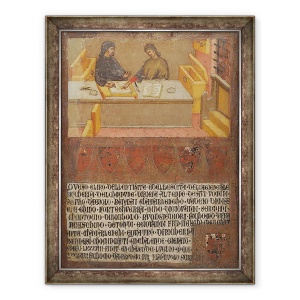 Tablou inramat - Paolo di Giovanni Fei - Director Financiar sef si Scrib la biroul lor din Biccherna biroul de venituri, 70 x 90 cm