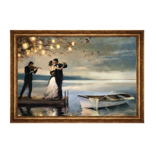 Tablou Inramat - Pereche, Iubire, Romantic, Muzician, Barca, Lumini, Lac, Rama Auriu, 60 x 90 cm