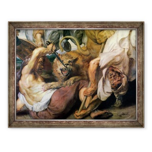 Tablou inramat - Peter Paul Rubens - Lion Hunt, detaliu de doi oameni si un leu, 70 x 90 cm