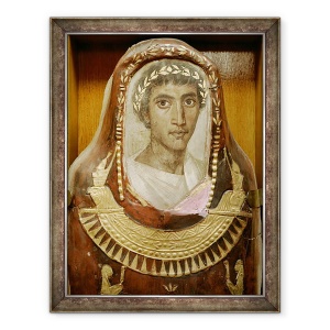Tablou inramat - Roman Period Egyptian - Carcasa de mumie pictata si aurita de Artemidorus cu portret encaustic in stil elenistic, 70 x 90 cm