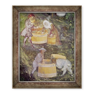 Tablou inramat - Scoala Boema - Luna octombrie, detalii de culegatori de struguri si cuve, 70 x 85 cm