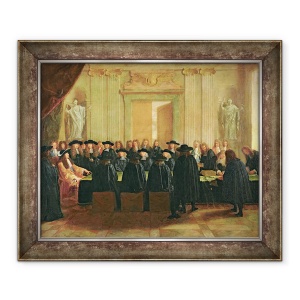 Tablou inramat - Scoala Franceza - Sigiliul detinut de Ludovic al XIV-lea 1638-1715 in fata membrilor Consiliului de Stat si a Curtii de Apel in 1672, 50 x 60 cm