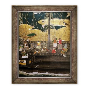 Tablou inramat - Scoala Japoneza - Sosirea portughezilor in Japonia, detaliu al navei portugheze, de la un ecran Namban Byobu, 70 x 85 cm