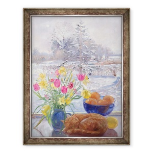 Tablou inramat - Timothy Easton - Pisica Curled cu flori, 70 x 90 cm