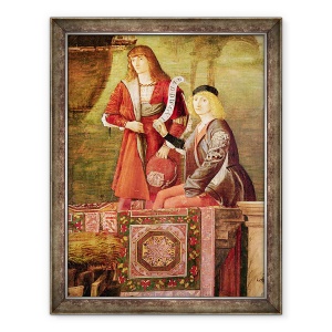 Tablou inramat - Vittore Carpaccio - intalnirea lui Etherius si Ursula si plecarea pelerinilor, din ciclul St Ursula, detalii a doi barbati din centru, 60 x 80 cm