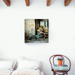 Tablou decorativ canvas cu terasă de cafenea și bicicletă, 60x60 cm
