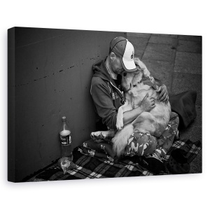 Tablou canvas - Dragoste, Strada, Caine, Persoana, Alb-Negru, Imbratiseaza, 40 x 60 cm