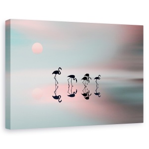 Tablou canvas - Familia de flamingo, Flori, Silueta, Soare, Roz, 60 x 90 cm