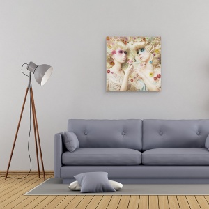 Tablou canvas - Fata Din Gradina Cu Flori, Trandafir, Blonda, Fluture, Primavara, 90 x 90 cm - Img 2