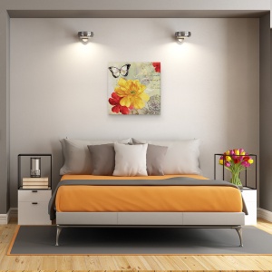 Tablou canvas - Flori, Flori, Galben, Rosu, Animale, Fluture, Pictura, 60 x 60 cm - Img 3