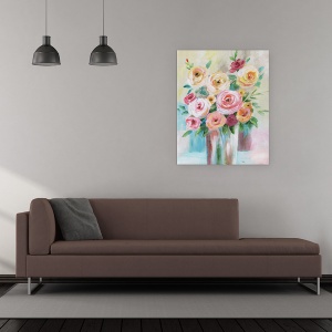 Tablou canvas - Flori, Trandafiri, Luminoase, Buchet, Vaza, Pictura, 60 x 75 cm - Img 2