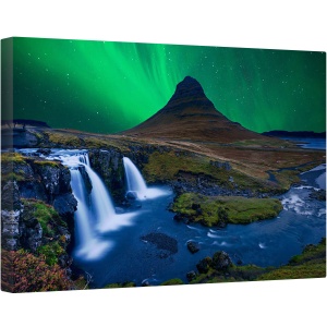 Tablou canvas - Kirkjufell Sub Un Cer Verde Boreal, Islanda, Grundarfjordur, Aurora, Cascada, Peisaj, 40 x 60 cm