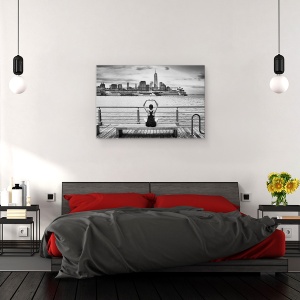 Tablou canvas - Momentum, NYC, Hudson, Alb-Negru, Pod, Barca, 60 x 90 cm - Img 3