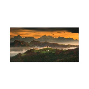 Tablou Canvas - Munti, Padure, Copaci, Arbore, Drumete, Apus de soare, Nori, Peisaj, Natura, Toamna, 50 x 100 cm
