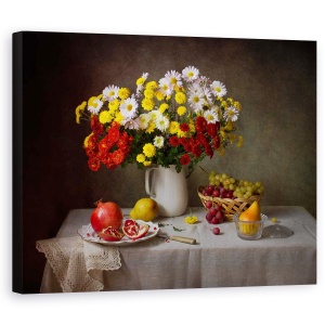 Tablou Canvas - Natura Moarta, Buchet, Floare, Flori, Pere, Struguri, 60 x 75 cm