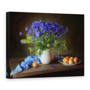 Tablou Canvas - Natura Moarta Cu Albastrea si Caisele, Blue, Buchet, Floare, 60 x 80 cm