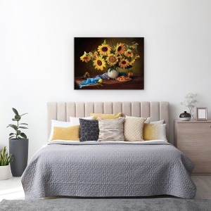 Tablou Canvas - Natura Moarta Cu Floarea-Soarelui si Prune Galbene, 75 x 100 cm - Img 3