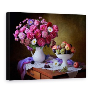 Tablou Canvas - Natura Moarta Cu Un Buchet De Asteri si Fructe, Bol De Fructe, Mar, 75 x 100 cm