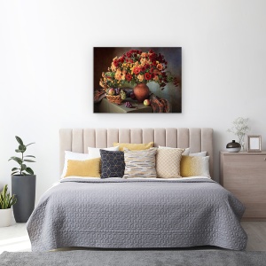 Tablou Canvas - Natura Moarta Cu Un Buchet De Crizanteme si Fructe, Flori, Vaza, Mar, 50 x 70 cm - Img 3