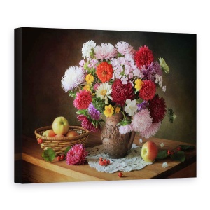 Tablou Canvas - Natura Moarta Cu Un Buchet De Flori si Mere, 50 x 70 cm