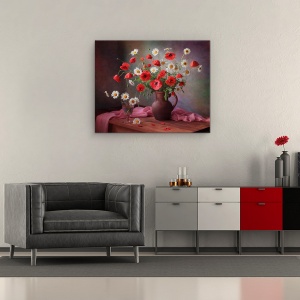 Tablou Canvas - Natura Moarta Cu Un Buchet De Maci Si Musetel, 60 x 75 cm - Img 2
