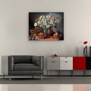 Tablou Canvas - Natura Moarta Cu Un Buchet De Margarete, Fructe De Padure, 40 x 50 cm - Img 2
