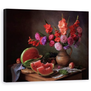 Tablou Canvas - Natura Moarta, Pepene Galben, Fructe, Mar, Vaza, Flori, Vara, 40 x 50 cm
