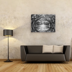 Tablou canvas - Natura, Peisaj, Padure, Alb-Negru, Lac, Reflectie, Pictura, 75 x 100 cm - Img 2