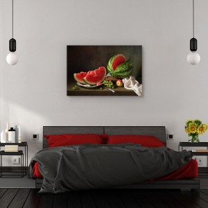 Tablou canvas - Natura statica cu pepene verde si struguri, Natura moarta, Pepene Galben, Bucatarie, Rosu, 60 x 90 cm - Img 3