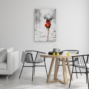 Tablou canvas - Oameni, Femeie, Rochie Portocalie, Ploaie, Pictura, 80 x 120 cm - Img 4