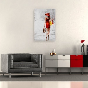 Tablou canvas - Oameni, Femeie, Rochie Rosie, Genti, Pictura, 80 x 120 cm - Img 2